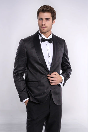 Men’s Midnight Black Dot Patterned Slim Fit Shawl Lapel Tuxedo Blazer