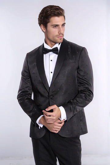 Men’s Midnight Black Dot Patterned Slim Fit Shawl Lapel Tuxedo Blazer