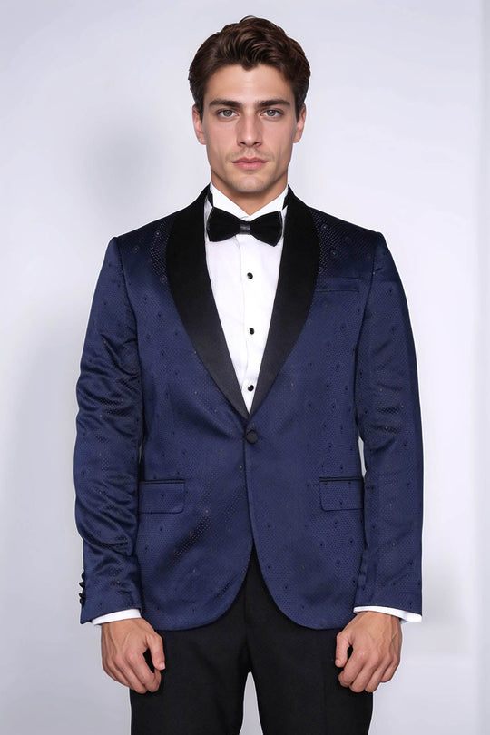 Men’s Navy Blue Jacquard Patterned Slim Fit Shawl Lapel Tuxedo Blazer