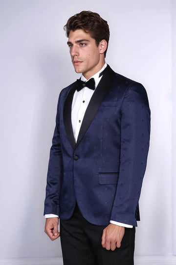 Men’s Navy Blue Jacquard Patterned Slim Fit Shawl Lapel Tuxedo Blazer