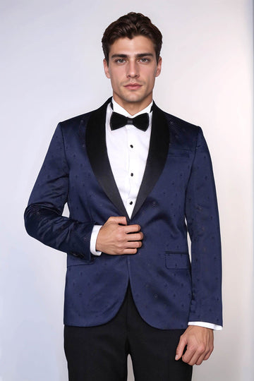 Men’s Navy Blue Jacquard Patterned Slim Fit Shawl Lapel Tuxedo Blazer