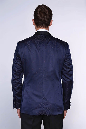 Men’s Navy Blue Jacquard Patterned Slim Fit Shawl Lapel Tuxedo Blazer