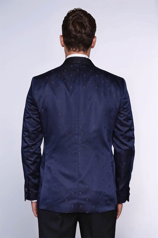 Men’s Navy Blue Jacquard Patterned Slim Fit Shawl Lapel Tuxedo Blazer
