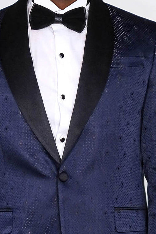Men’s Navy Blue Jacquard Patterned Slim Fit Shawl Lapel Tuxedo Blazer