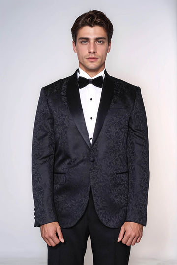 Men’s Black Floral Jacquard Slim Fit Shawl Lapel Wedding Tuxedo Blazer