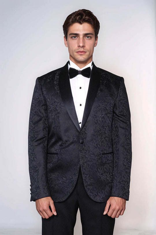 Men’s Black Floral Jacquard Slim Fit Shawl Lapel Wedding Tuxedo Blazer