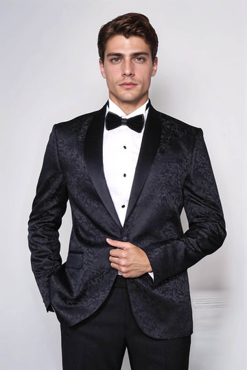 Men’s Black Floral Jacquard Slim Fit Shawl Lapel Wedding Tuxedo Blazer