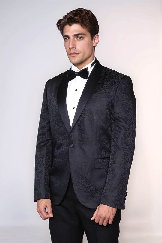 Men’s Black Floral Jacquard Slim Fit Shawl Lapel Wedding Tuxedo Blazer