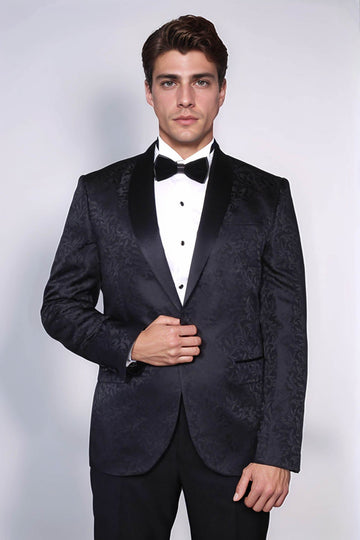 Men’s Black Floral Jacquard Slim Fit Shawl Lapel Wedding Tuxedo Blazer