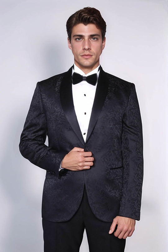 Men’s Black Floral Jacquard Slim Fit Shawl Lapel Wedding Tuxedo Blazer