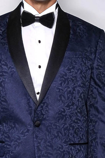 Men’s Navy Blue Floral Jacquard Slim Fit Shawl Lapel Tuxedo Blazer