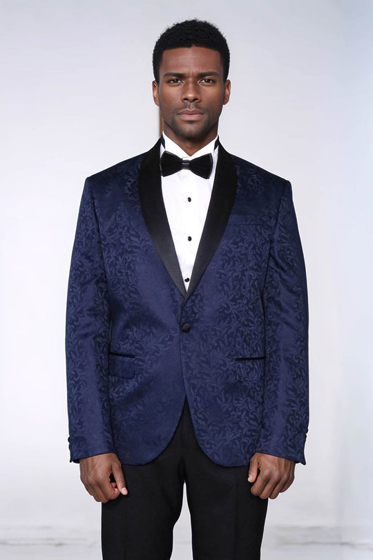 Men’s Navy Blue Floral Jacquard Slim Fit Shawl Lapel Tuxedo Blazer