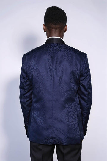 Men’s Navy Blue Floral Jacquard Slim Fit Shawl Lapel Tuxedo Blazer