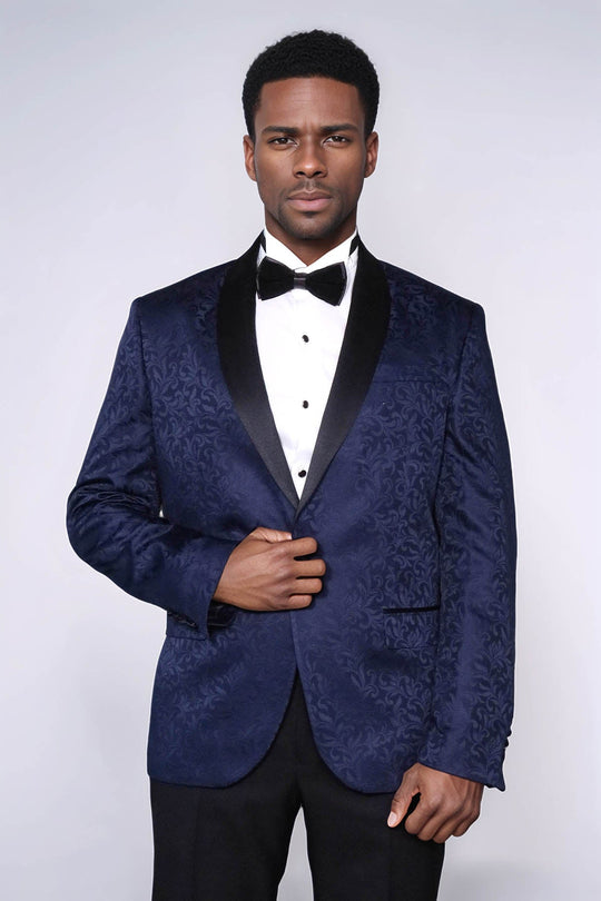 Men’s Navy Blue Floral Jacquard Slim Fit Shawl Lapel Tuxedo Blazer