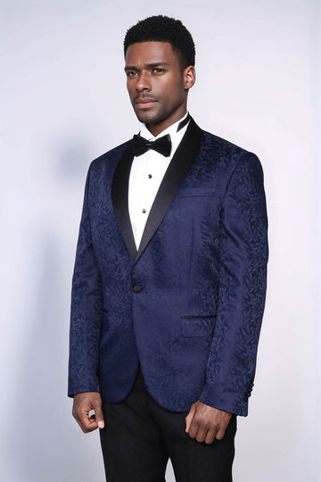 Men’s Navy Blue Floral Jacquard Slim Fit Shawl Lapel Tuxedo Blazer