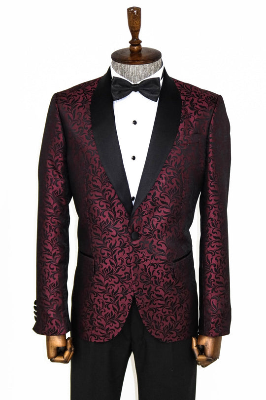 Red patterned tuxedo jacket on a mannequin with a white background
