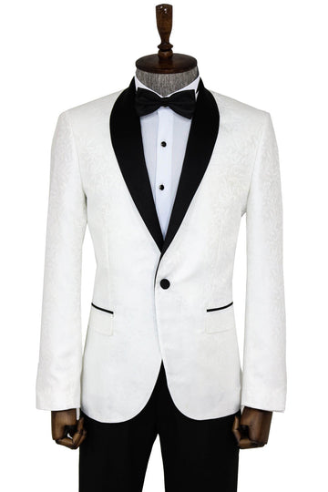 Men’s Arctic White Floral Jacquard Slim Fit Shawl Lapel Dinner Jacket
