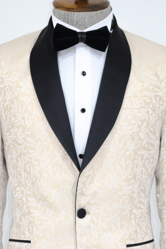 Men’s Ivory Floral Jacquard Slim Fit Shawl Lapel Dinner Jacket