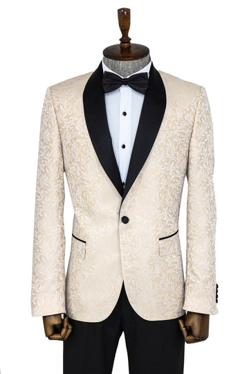 Men’s Ivory Floral Jacquard Slim Fit Shawl Lapel Dinner Jacket