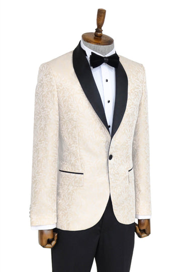 Men’s Ivory Floral Jacquard Slim Fit Shawl Lapel Dinner Jacket
