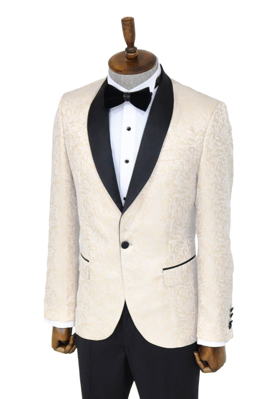 Men’s Ivory Floral Jacquard Slim Fit Shawl Lapel Dinner Jacket