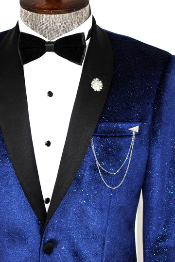 Men’s Sax Blue Stardust Velvet Dinner Jacket – Slim Fit with Black Satin Shawl Lapel