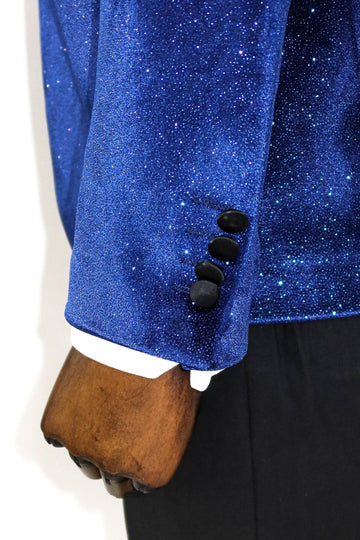 Men’s Sax Blue Stardust Velvet Dinner Jacket – Slim Fit with Black Satin Shawl Lapel