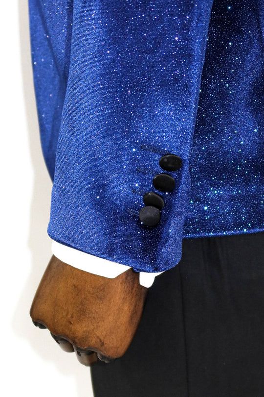 Men’s Sax Blue Stardust Velvet Dinner Jacket – Slim Fit with Black Satin Shawl Lapel