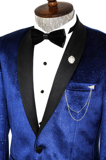 Men’s Sax Blue Stardust Velvet Dinner Jacket – Slim Fit with Black Satin Shawl Lapel