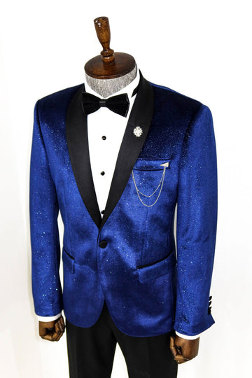 Men’s Sax Blue Stardust Velvet Dinner Jacket – Slim Fit with Black Satin Shawl Lapel