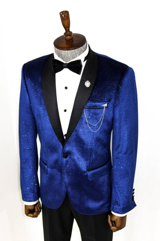 Men’s Sax Blue Stardust Velvet Dinner Jacket – Slim Fit with Black Satin Shawl Lapel