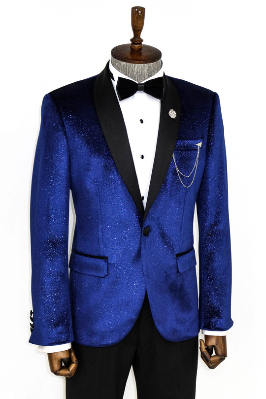 Men’s Sax Blue Stardust Velvet Dinner Jacket – Slim Fit with Black Satin Shawl Lapel