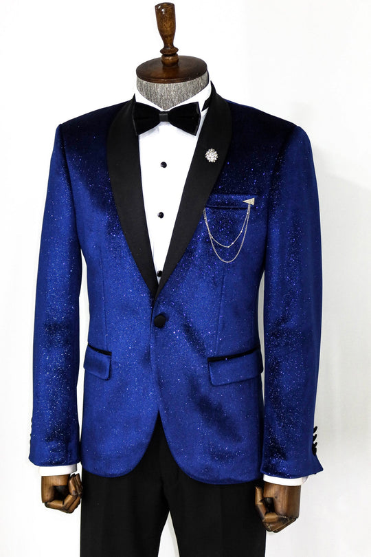 Blue tuxedo jacket with black lapels on a mannequin against a white background