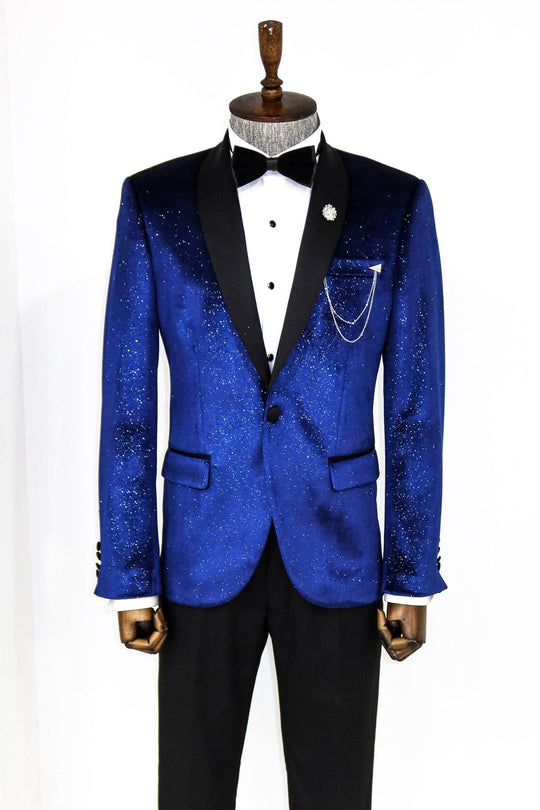 Men’s Sax Blue Stardust Velvet Dinner Jacket – Slim Fit with Black Satin Shawl Lapel