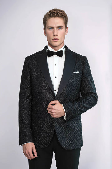 Men’s Midnight Black Glitter Gingham Slim Fit Peak Lapel Dinner Jacket