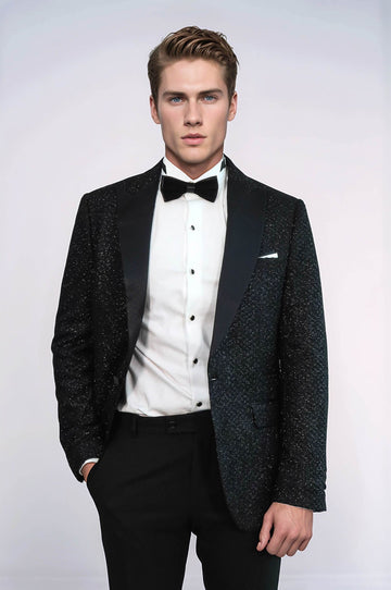 Men’s Midnight Black Glitter Gingham Slim Fit Peak Lapel Dinner Jacket