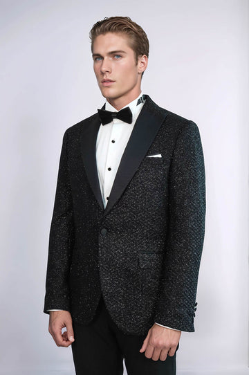 Men’s Midnight Black Glitter Gingham Slim Fit Peak Lapel Dinner Jacket