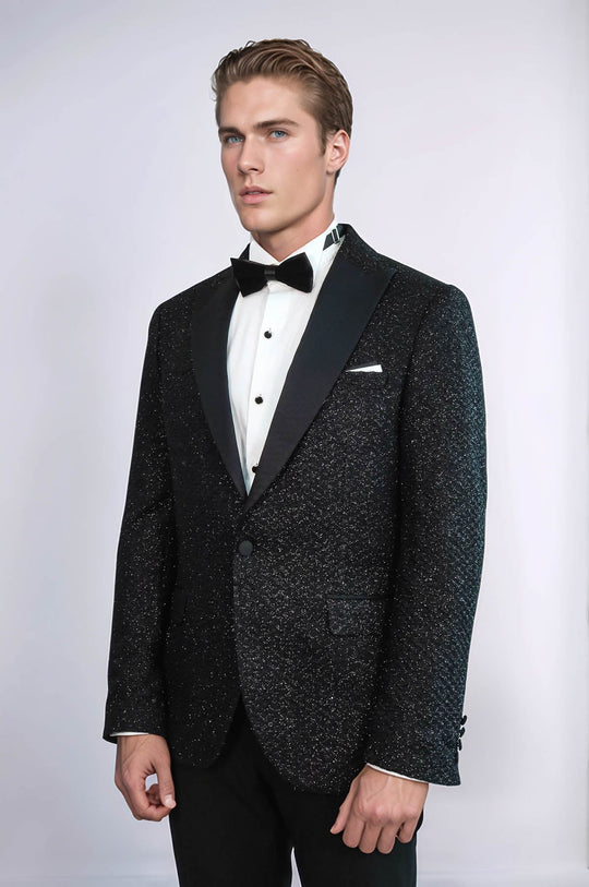 Men’s Midnight Black Glitter Gingham Slim Fit Peak Lapel Dinner Jacket