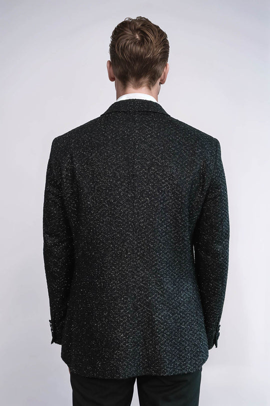 Men’s Midnight Black Glitter Gingham Slim Fit Peak Lapel Dinner Jacket