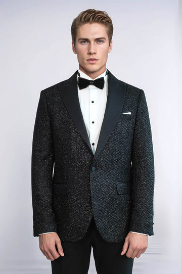 Men’s Midnight Black Glitter Gingham Slim Fit Peak Lapel Dinner Jacket