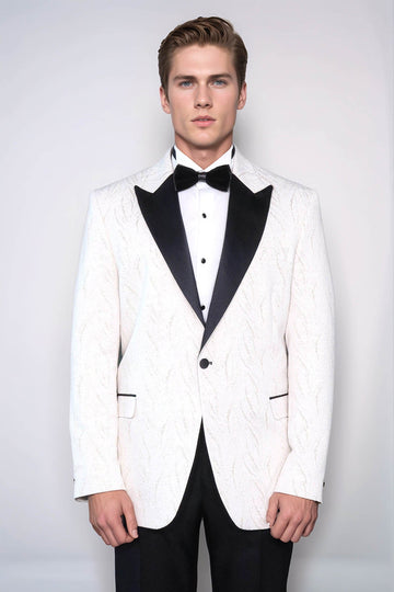 Men’s Arctic White Silver-Glint Jacquard Slim Fit Peak Lapel Dinner Jacket