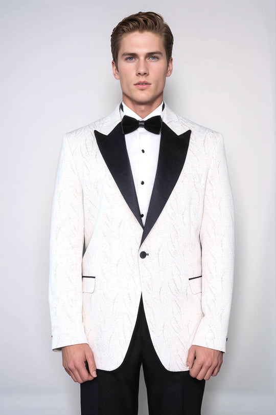 Men’s Arctic White Silver-Glint Jacquard Slim Fit Peak Lapel Dinner Jacket
