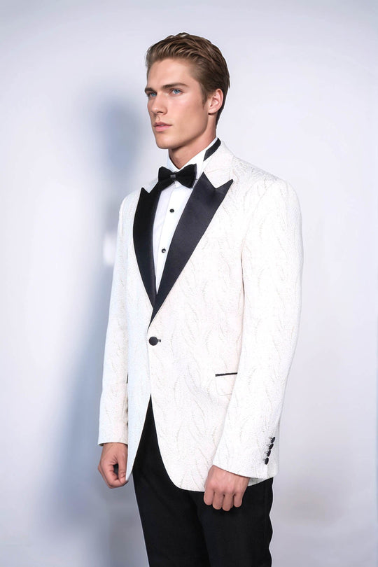 Men’s Arctic White Silver-Glint Jacquard Slim Fit Peak Lapel Dinner Jacket