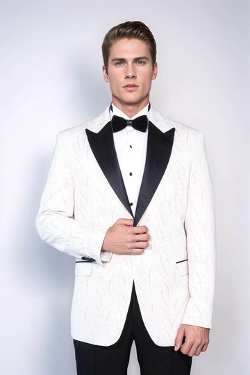 Men’s Arctic White Silver-Glint Jacquard Slim Fit Peak Lapel Dinner Jacket