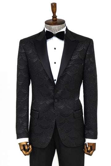 Men’s Midnight Black Wave Jacquard Slim Fit Peak Lapel Dinner Jacket