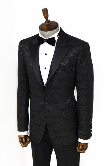 Men’s Midnight Black Wave Jacquard Slim Fit Peak Lapel Dinner Jacket