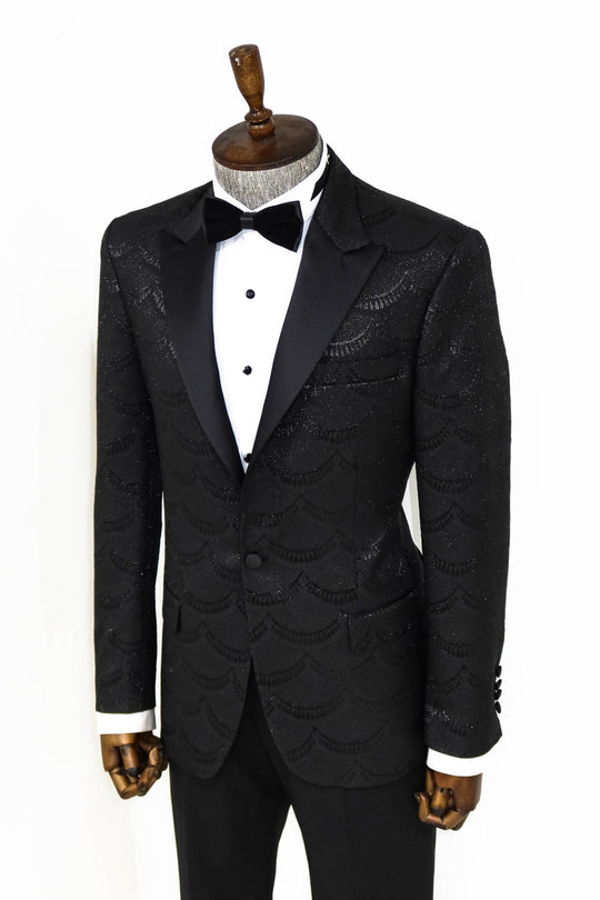 Men’s Midnight Black Wave Jacquard Slim Fit Peak Lapel Dinner Jacket