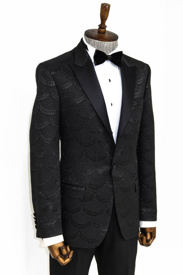 Men’s Midnight Black Wave Jacquard Slim Fit Peak Lapel Dinner Jacket