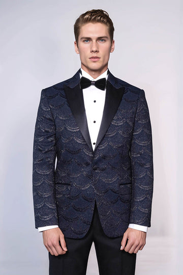 Men’s Midnight Navy Patterned Slim Fit Single Breasted Tuxedo Blazer