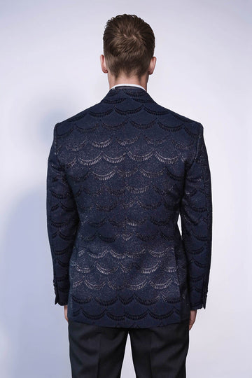Men’s Midnight Navy Patterned Slim Fit Single Breasted Tuxedo Blazer